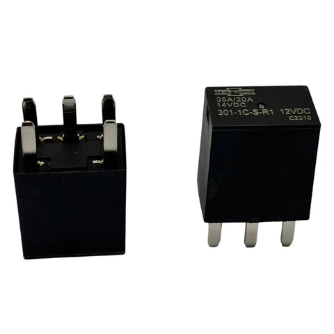 Close-up of 12V DC SPDT Power Relay 4 Pin 35A Beefy High Current Relay Set Of 2, showing pins and labeling for automotive use.