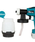 Cordless HVLP Paint Sprayer Kit With 18V Battery Compatibility 800ml container attachment, blue sprayer, white jar, close-up view.