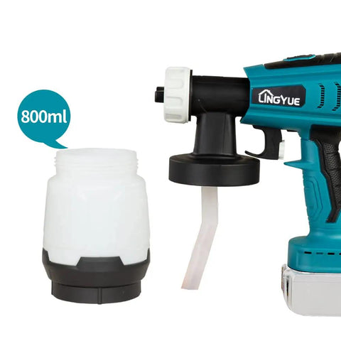 Cordless HVLP Paint Sprayer Kit With 18V Battery Compatibility 800ml container attachment, blue sprayer, white jar, close-up view.