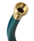 Brass connector end of a green hose used with the 330 Gph Electric Utility Water Transfer Pump 115V One Tenth Hp Self Priming Portable Pump.