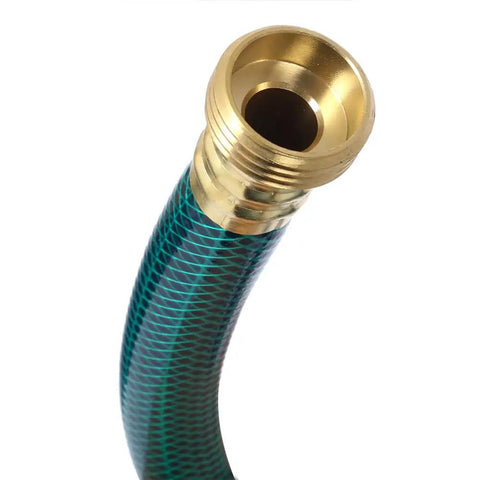 Brass connector end of a green hose used with the 330 Gph Electric Utility Water Transfer Pump 115V One Tenth Hp Self Priming Portable Pump.