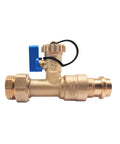 Brass 3/4 in tankless water heater isolation valve with blue lever and pressure relief valve