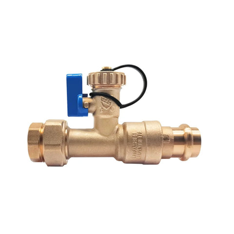 Brass 3/4 in tankless water heater isolation valve with blue lever and pressure relief valve