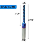 CNC router bit, 3-flute, 1/8 in cutting diameter, 1/4 in shank, 2-1/2 in length, blue-coated solid carbide