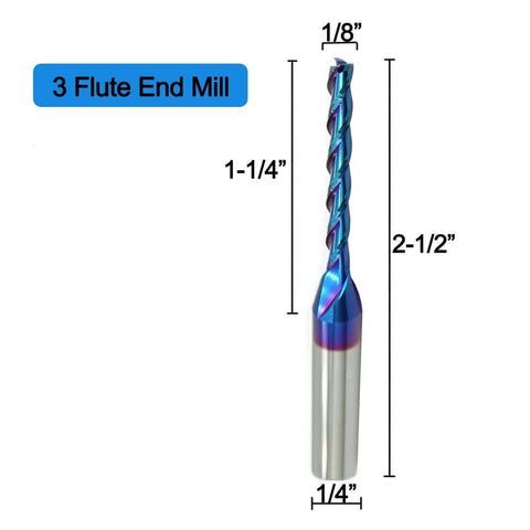 CNC router bit, 3-flute, 1/8 in cutting diameter, 1/4 in shank, 2-1/2 in length, blue-coated solid carbide