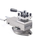 Rock Solid Quick Swap Lathe Tool Post Kit With Full Three Sixty Degree Rotating Head For Compact AT300 Mini Metal Lathes And Smooth Fast Workshop Job Upgrades side view with levers and mounting base.