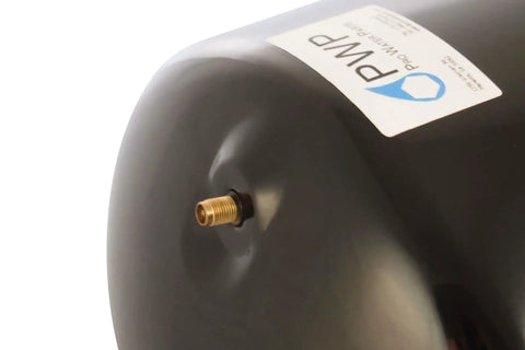 Close-up of Five Gallon RO Accumulator Storage Tank With Wall Mount Bracket And One Half Inch Female NPT Pre Pressurized Lead Free Expansion Tank.