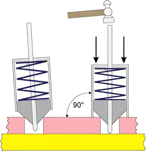 Diagram of a Transfer Punch Center Aligner Tool for precise hole alignment with guide cone and spring, showing alignment setup.