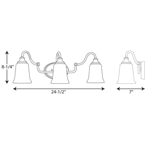 Diagram of Three Light Bath Vanity Light From Wander Collection In Venetian Bronze Finish Dope Transitional Style Victorian Inspired Bathroom Lighting Damp Rated Bronze Dark Tone For Classic Modern Bathrooms, with dimensions.