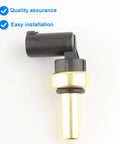 Coolant temperature sensor, side view, with brass probe and black plastic connector.