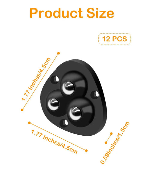 12 Pack Mini Appliance Caster Wheels With 360 Degree Rotation Self Adhesive Swivel Casters, showing size dimensions in inches and cm.