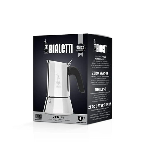 New Venus Induction Stovetop Coffee Maker 6 Cup Stainless Steel Silver on packaging box