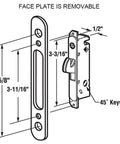 Diagram of Full Replacement Patio Sliding Door Handle Set with Mortise Lock and Key Cylinder, white finish, measurements shown.