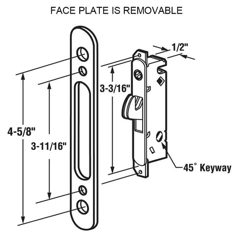 Diagram of Full Replacement Patio Sliding Door Handle Set with Mortise Lock and Key Cylinder, white finish, measurements shown.