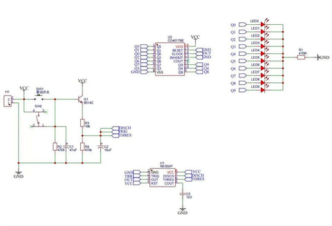 Circuit diagram of DIY Soldering Practice Kit for Electronics Learners, featuring NE555, CD4017, LED spin wheel setup.
