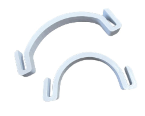 Two white plastic Hat Shaper Brim Bender Set for Perfect Curve on Fitted Hats, showing adjustable sizes and curved design.