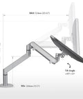 Game Changing Dual Monitor Stand With Smooth Gas Spring Lift Fits 17 To 32 Inch Displays shows tilt angle and adjustable height.