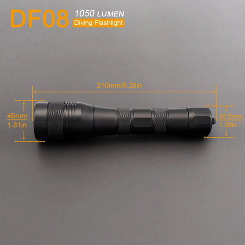 Side view of Waterproof 1000 Lumen LED Diving Flashlight With 150m Range And 9 Degree Narrow Beam showcasing measurements.