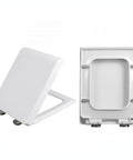 Durable White Square Toilet Seat Featuring Smooth Soft Close Lid And Quick Release Mounts Built From Chip Resistant Polypropylene, angled view and underside.