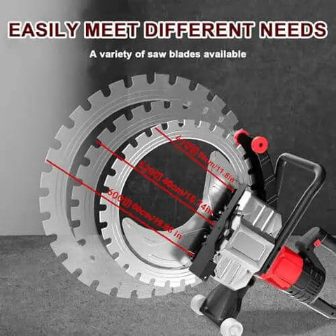 Straight Up Heavy Duty Brushless Concrete Cutter Ring Saw With Switchable Titanium Blade Sizes showing various blades available.