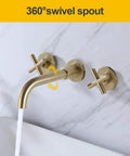 Wall Mounted Brushed Gold Bathroom Sink Faucet With Solid Brass Construction 360 Swivel Tub Spout Double Cross Handles