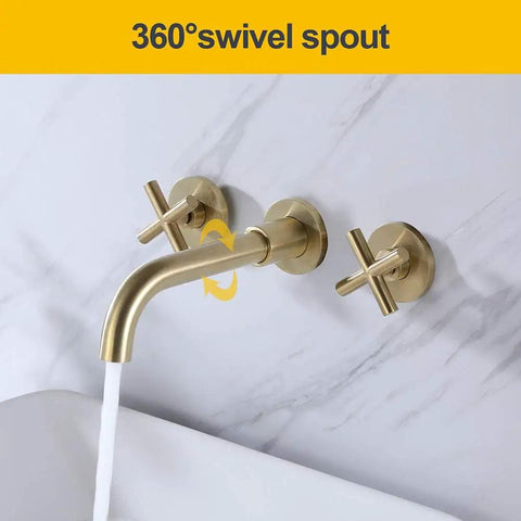 Wall Mounted Brushed Gold Bathroom Sink Faucet With Solid Brass Construction 360 Swivel Tub Spout Double Cross Handles