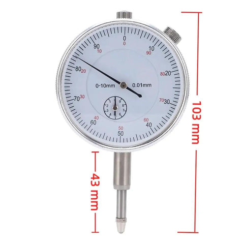 Dial Indicator 0 To 10mm 0.01mm Precision Gauge, metal construction, front view with measurement markings, for automotive use.