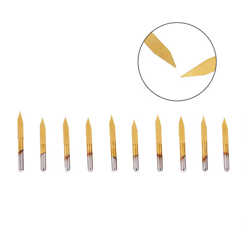 Cool Set Of 10 Pieces Engraver Bits With Coated Carbide And 30 Degree Tips Perfect For CNC Router Carving On Wood Or Plastic Jobs, showing detailed tips.
