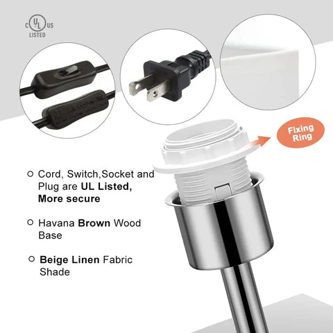 Close-up of UL listed plug, socket, and switch with Silver and beige Cozy Minimalist Table Lamp For Bedroom Bedside Nightstand