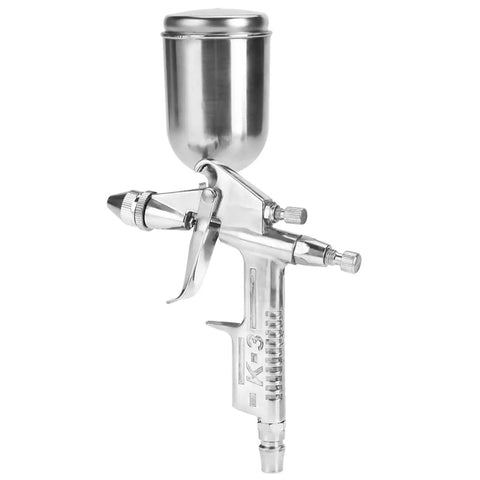 Compact Pneumatic Spray Gun With Tight 0.5mm Nozzle And 125ml Gravity Cup Delivers Slick Atomization For Auto Touch Up And Wood Staining Without The Drip Nonsense, aluminum body, 8.66 inch size.