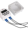 12/24 Volt DC Timer Switch With 7 Day 24 Hour Programmable Time Relay Clock For Panel Mount Use With Countdown Off Function Enclosure And Wiring Included Plug And Play Ready, showing digital display and wiring.