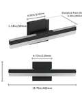Front and side view of LED Vanity Light Bar For Bathroom Dimmable 23.63 Inch Slick Black Wall Mount Sconce Lamp with measurements.