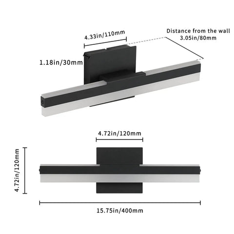 Front and side view of LED Vanity Light Bar For Bathroom Dimmable 23.63 Inch Slick Black Wall Mount Sconce Lamp with measurements.