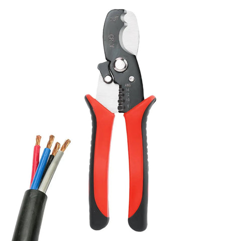 Heavy Duty 8 Inch Electric Wire Stripper Tool With Precision Calibrated Blades For Stripping And Cutting Cables, showing red and black handles.