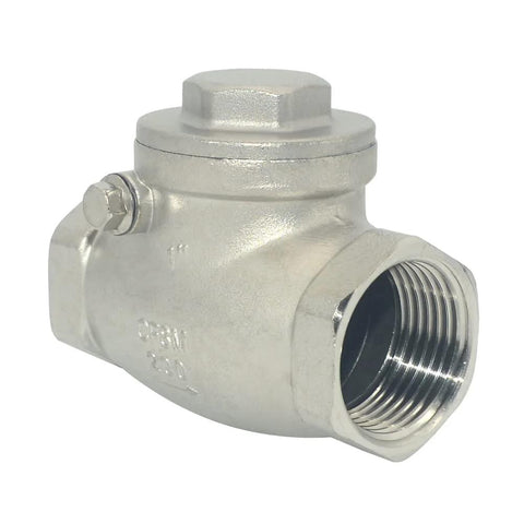 Swing check valve, 1-inch stainless steel SS316, female NPT x female, angled front view with square-top cap