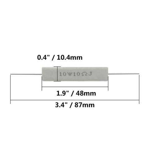 Jersvimc 10W 10Ω cement ceramic power resistor; white rectangular wirewound body with leads, 3.4" overall length