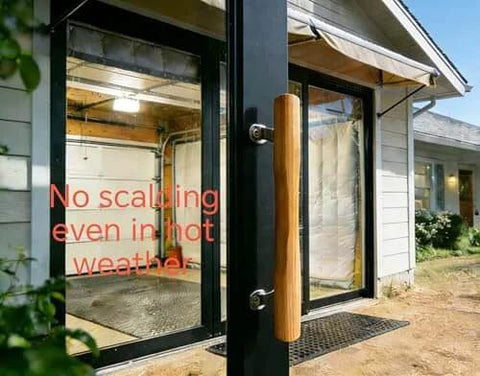 Natural Solid Wood Sliding Patio Door Handle With Ergonomic Curved Grip installed on glass door, exterior view