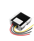 Heavy Duty DC To DC Buck Converter 40 To 90 Volt Step Down Regulator 20 Amp Max Output Waterproof ABS Housing viewed from an angle, showing wiring.