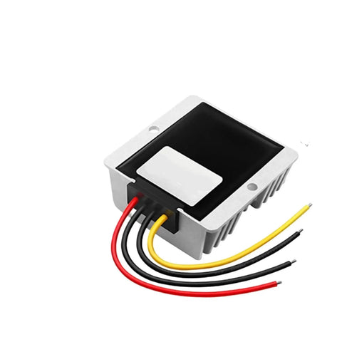 Heavy Duty DC To DC Buck Converter 40 To 90 Volt Step Down Regulator 20 Amp Max Output Waterproof ABS Housing viewed from an angle, showing wiring.