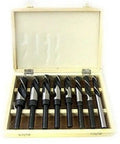 Hella Sharp 8 Piece Jumbo Wood Drill Bits Set With 1/2 Inch Shank Heat Treated Alloy Steel in wooden case with bits displayed.