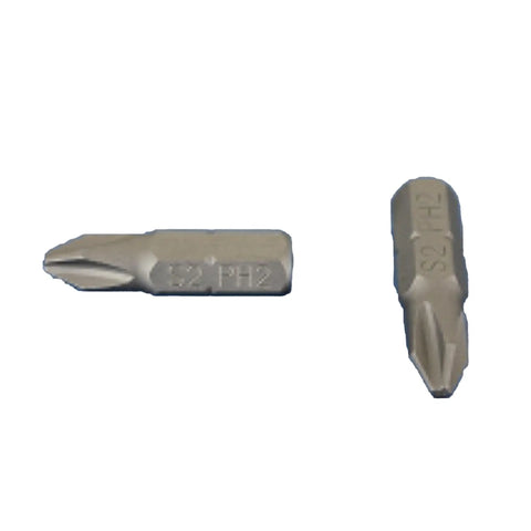 Close-up of two PH2 Phillips Screwdriver Bits from Pro Grade Set, 1 Inch Length, Taiwan S2 Steel, showing tip and shank details.