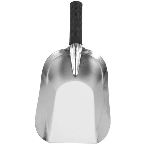 Front view of Stainless Steel Garden Hand Trowel Go To Transplanting And Soil Loosening Tool Small Square Shovel Lightweight Digging Tool With Ergonomic Grip Durable Weeding And Planting Yard Sidekick Measures 11.61 By 5.11 Inches with black ergonomic grip handle.