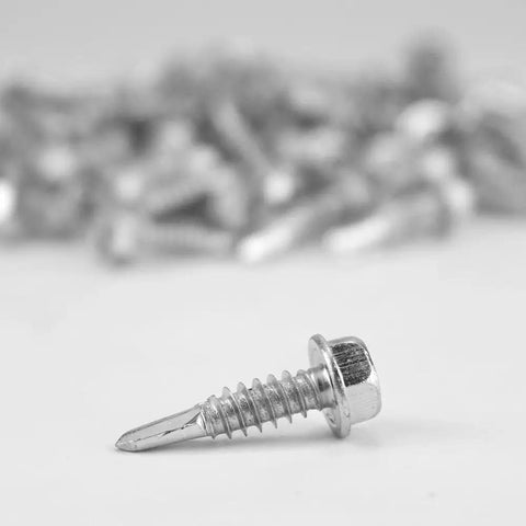 1/4 In By 1 In Self-Drilling Screws With 3/8 In Head, Quick Install Self-Tapping Bolts, Drill Point Tip, single screw close-up
