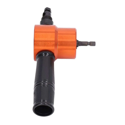 360 Degree Double Head Sheet Metal Cutter Nibbler Attachment for Drills, shown in a side view, featuring orange and black components.