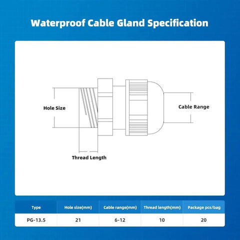 Diagram of waterproof cable gland specifications for 20 Pack Black Plastic Waterproof Cable Glands M20x1.5 For 6 To 11mm Cables