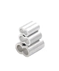 Premium Aluminum Crimping Sleeves For Wire Rope Ferrules And Cable Terminals Built Dang Tough in three sizes stacked.