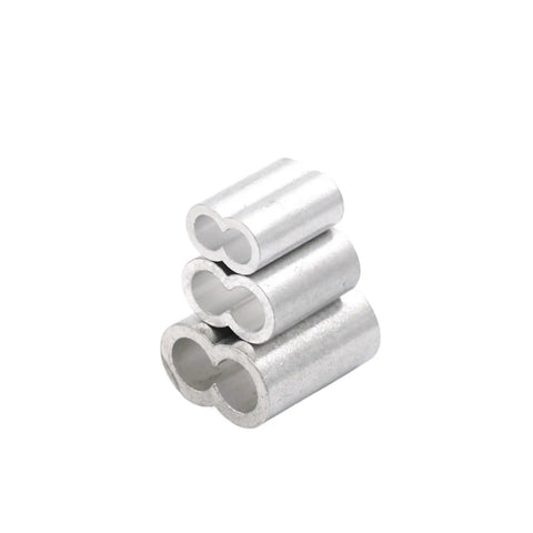 Premium Aluminum Crimping Sleeves For Wire Rope Ferrules And Cable Terminals Built Dang Tough in three sizes stacked.