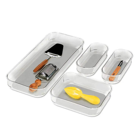 Premium 4 Piece Clear Bin Storage Set For Office, Kitchen, And Home With Soft Grip Lining And Non Slip Base, shown with utensils inside.