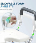 Close-up of heavy duty shower chair with removable foam armrests, part of 300 lb capacity non slip aluminum frame.