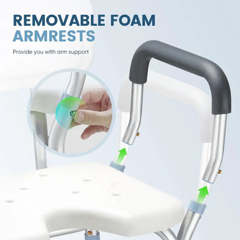 Close-up of heavy duty shower chair with removable foam armrests, part of 300 lb capacity non slip aluminum frame.
